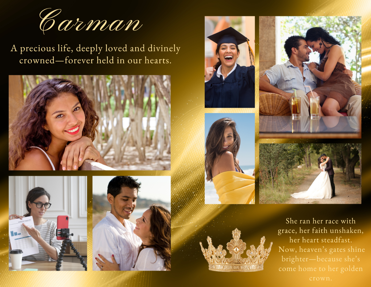 Photo collage pages of the Her Golden Crown Canva funeral program template in rich gold tones with elegant portrait layout.
