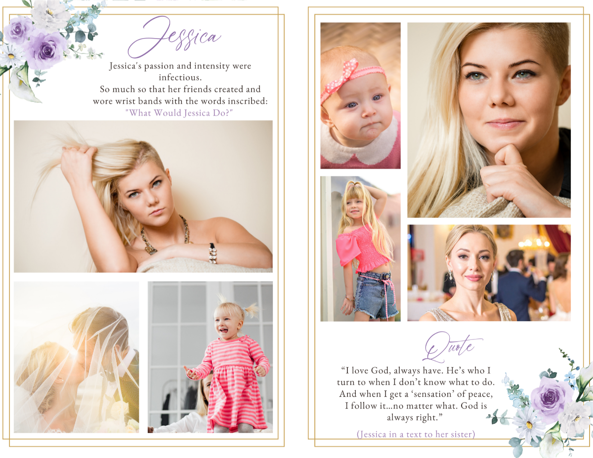 Photo collage page with lavender and white floral accents — suitable for women or faith-centered memorials.