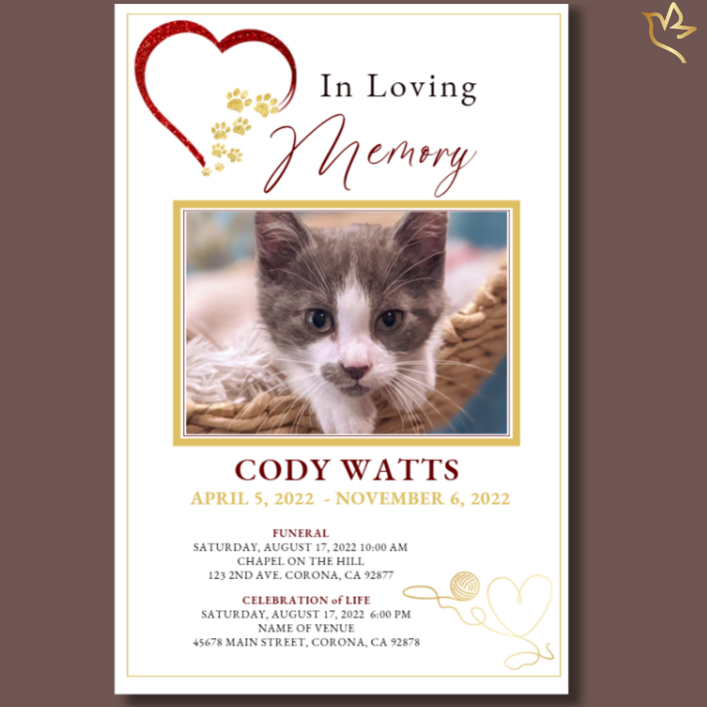 Front cover featuring Precious Pets – Cat Funeral Program Template with golden paw-print heart, soft cream borders, and pet portrait space.