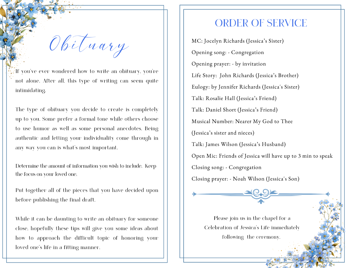 Obituary and order of service pages featuring soft blue forget-me-not corner florals, gold accent details, and structured sections for honoring her life with dignity.
