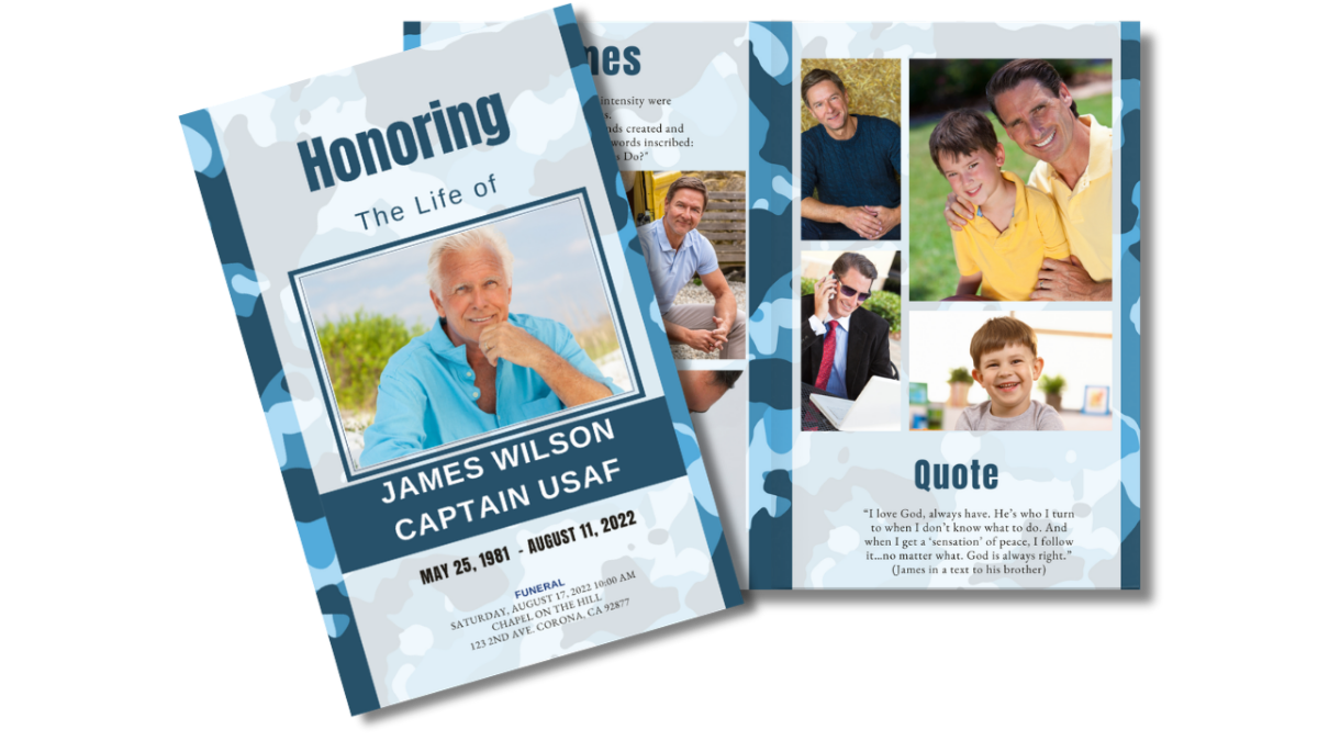Open funeral program showing the Thank You message on one side and a framed photo of the Air Force veteran on the opposite side with blue camo borders.