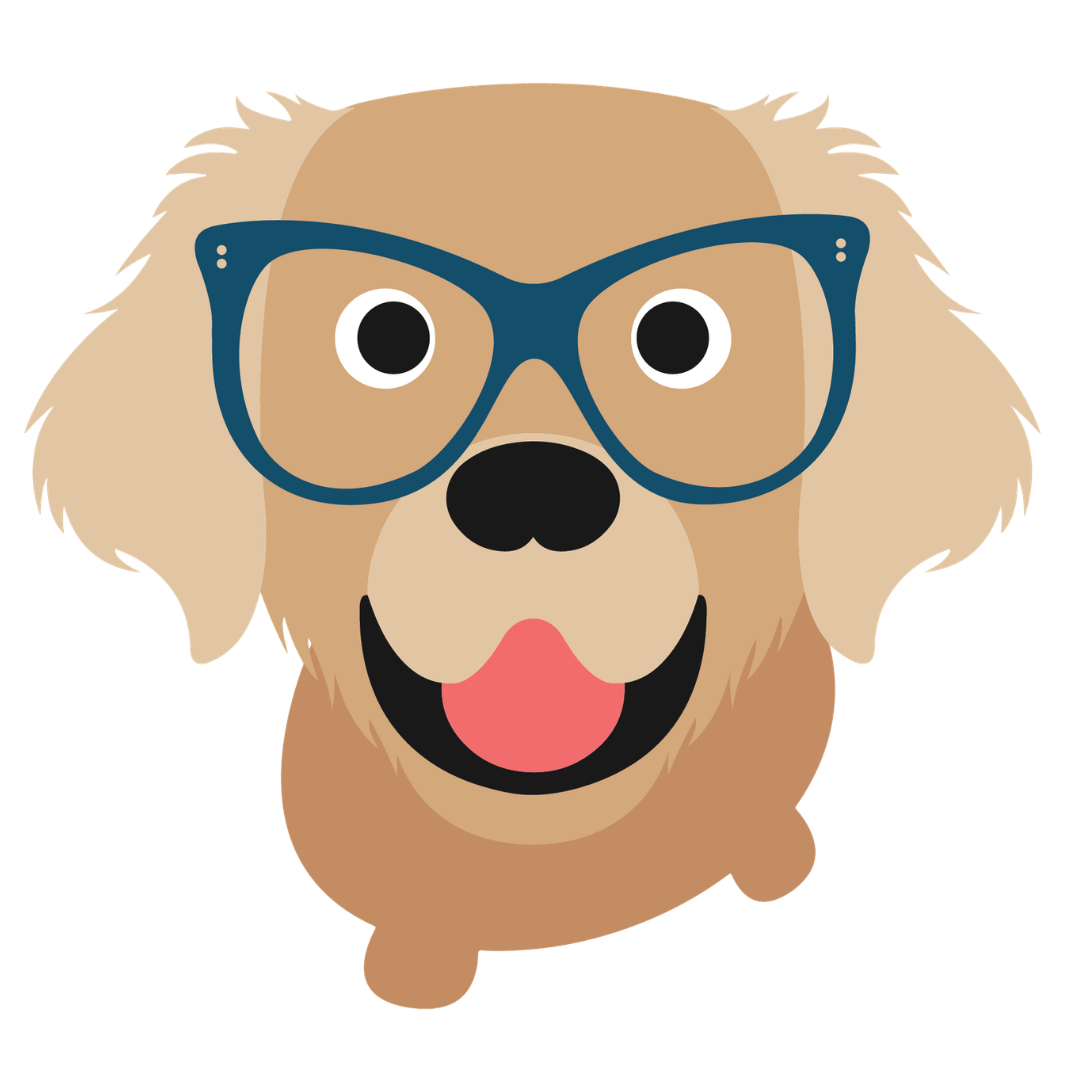 Golden retriever wearing navy glasses, peeking over the edge of the section.