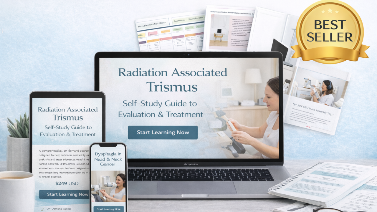 A laptop, phone, and ipad all showing a screen with "Radiation Associated Trismus: A self study guide to evaluation and treatment"