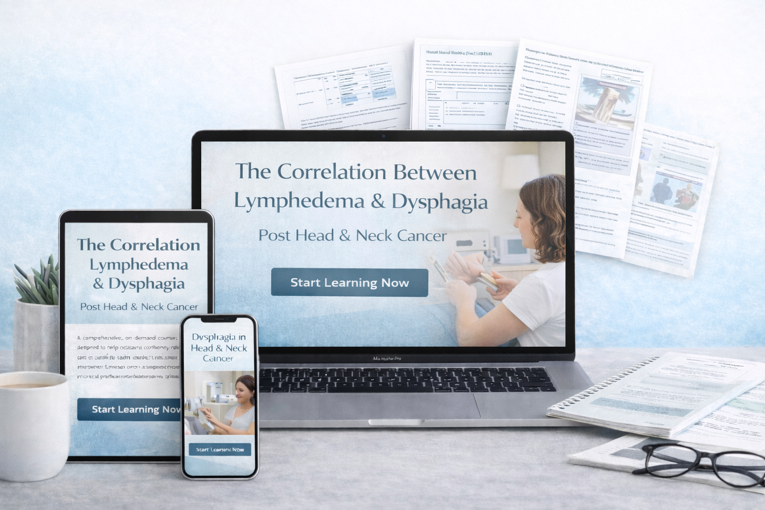 A laptop, phone, and ipad all showing a screen with "The correlation between lymphedema and dysphagia: post head and neck cancer""