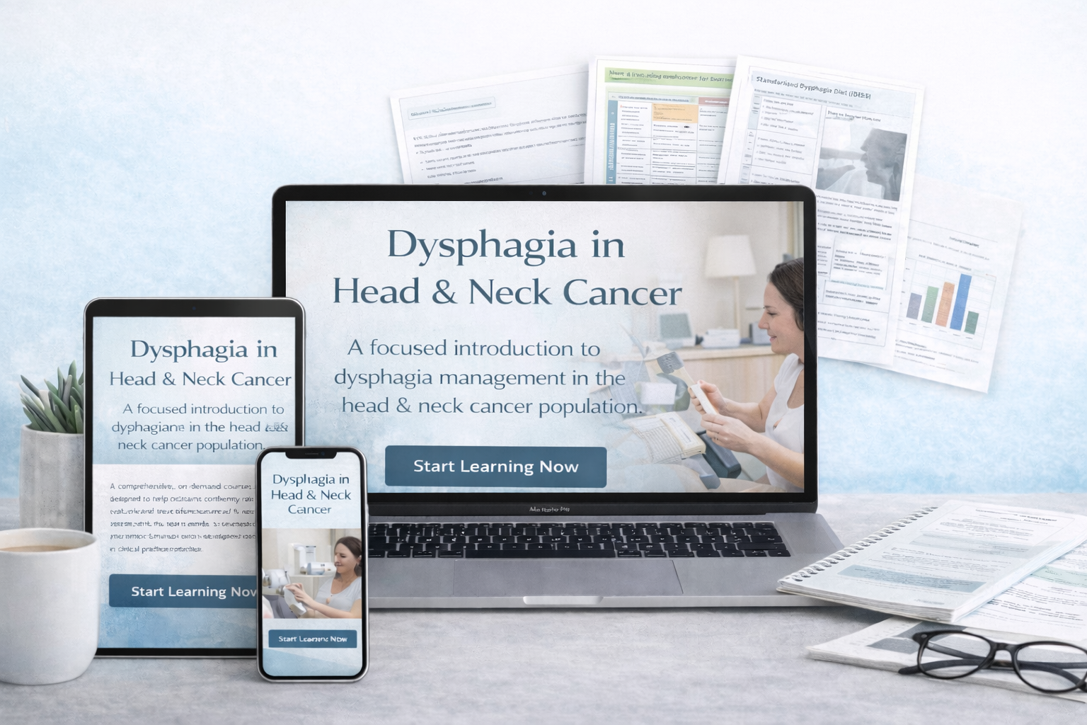 A laptop, phone, and ipad all showing a screen with "Dysphagia in Head and Neck Cancer: A focused introduction to dysphagia management in the head and neck cancer population""