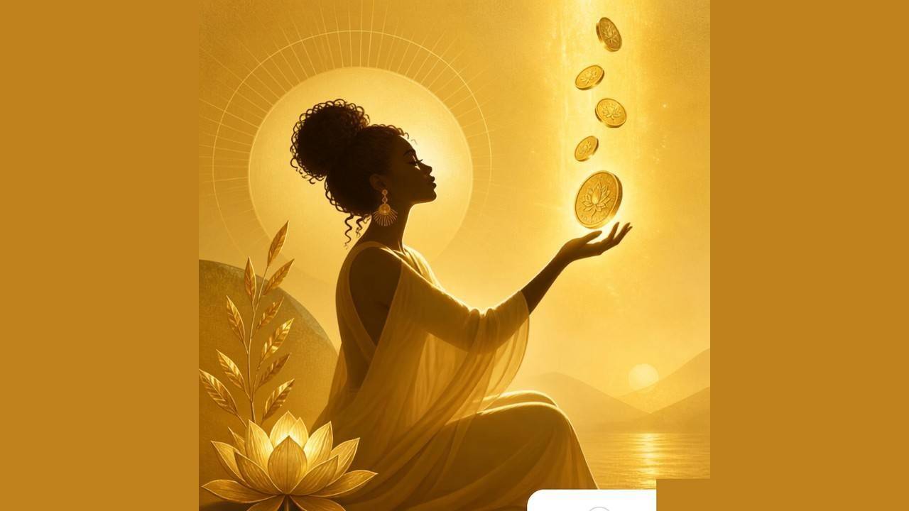 Silhouette of a woman releasing golden coins into the light, symbolizing healing from financial abuse