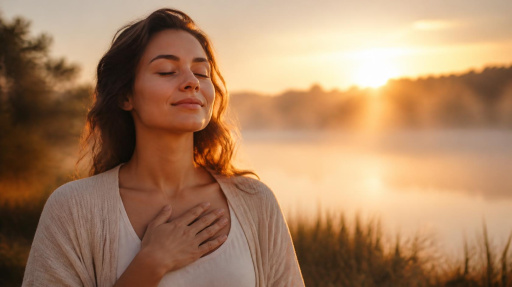 Woman standing outdoors at sunrise with hand on chest, exhaling in peaceful relief, representing anxiety healing through spiritual psychology