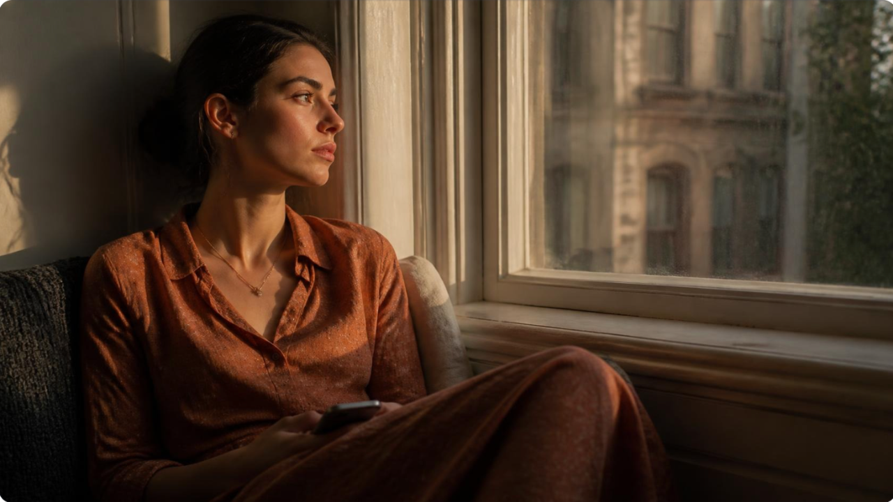 Woman sitting by a sunlit window anxiously waiting for a text message reply, illustrating anxious attachment in relationships