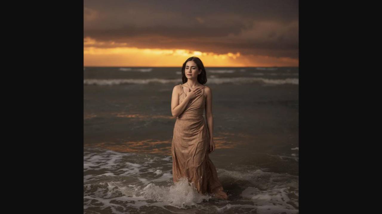 Woman standing in ocean waves at golden sunrise with hand on chest, symbolizing healing the sorrow underneath anger