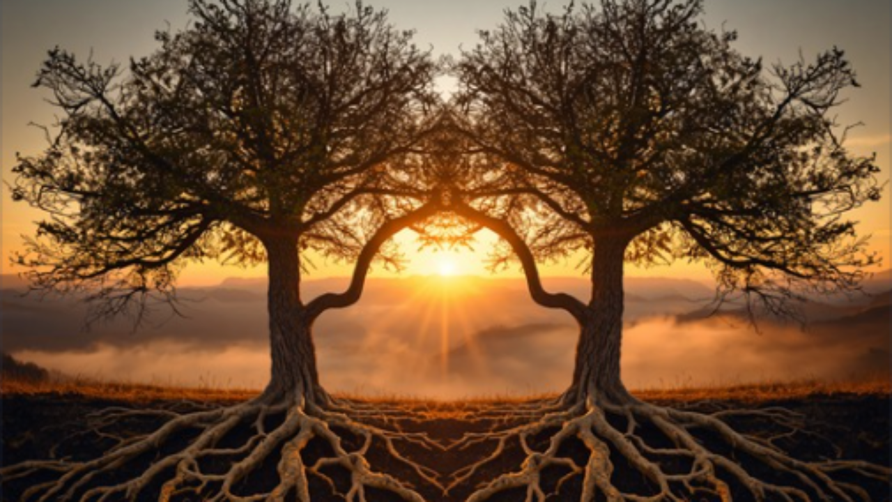 Two trees with intertwined roots and mirrored branches at sunrise, symbolizing repeating relationship patterns
