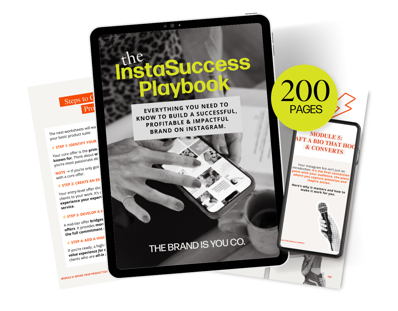 PLACEHOLDER — Product mockup: InstaSuccess Playbook pages, laptop course dashboard, phone