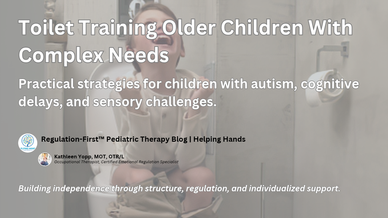 Older child smiling while sitting on the toilet, illustrating toilet training support for children with autism, developmental delays, and complex needs.
