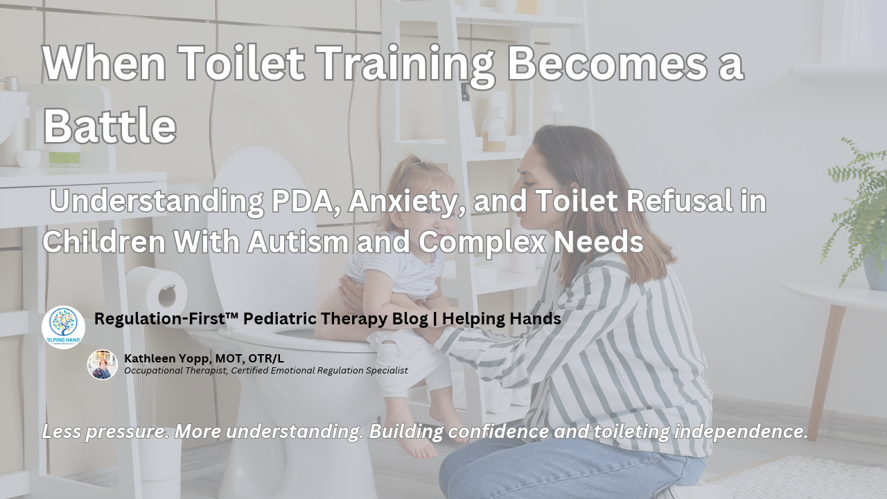 Parent kneeling beside a young child sitting on the toilet, offering reassurance and support during toilet training. 