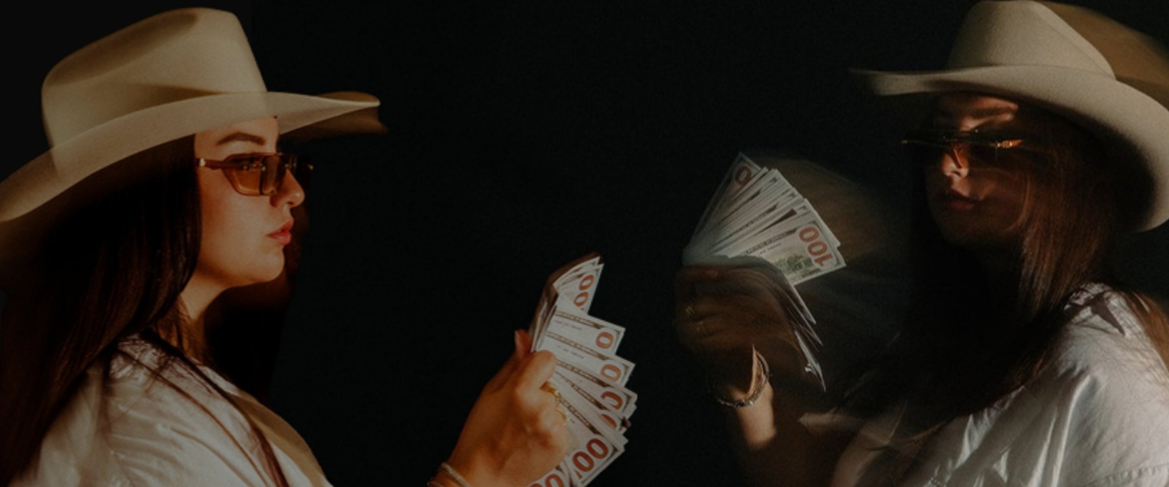 Maria in a cowboy hat and sunglasses fanning cash, facing her mirrored self