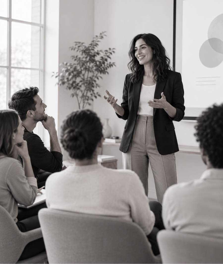 Woman in dark blazer presenting in front of a room of attendees who are listening intently 