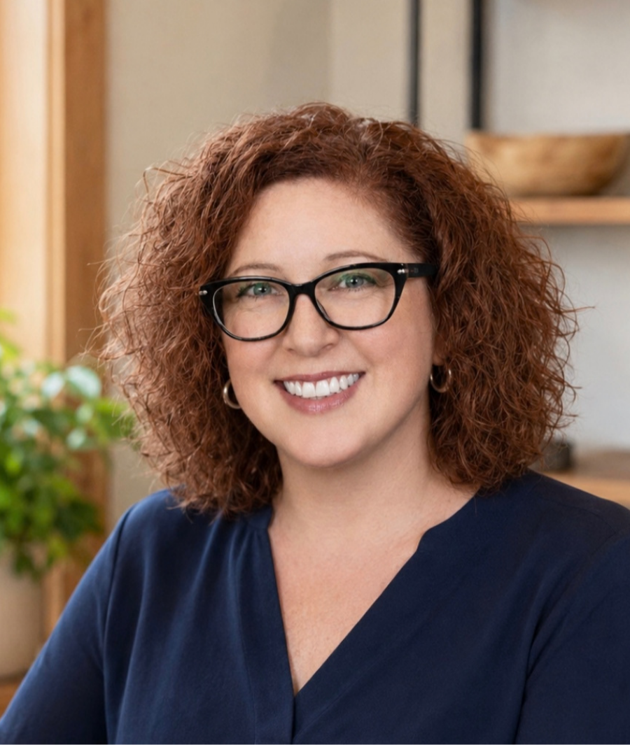 photo of woman with red hair and glasses with blue shirt