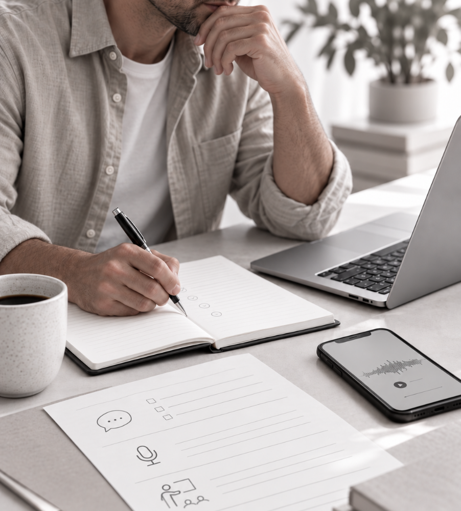 Man sitting at desk writing in journal, listening to a voice note