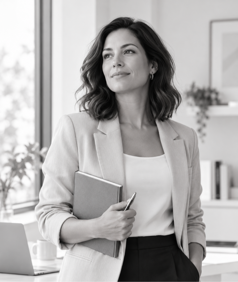 Woman looking away, thinking, holding a notebook and pen