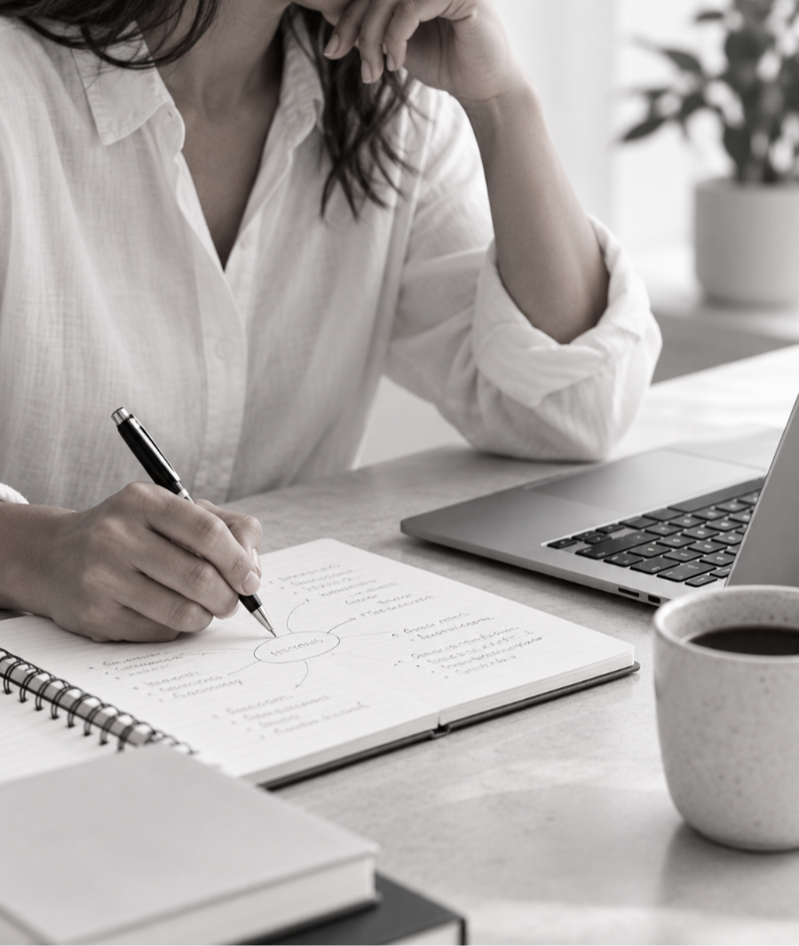 Woman sitting at desk, writing in notebook, with open laptop, coffee, and books