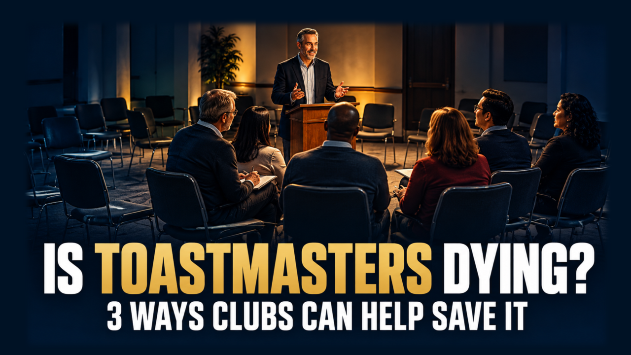 Mature speaker addresses a small, engaged public-speaking club surrounded by empty chairs, illustrating declining Toastmasters participation and the opportunity for clubs to rebuild through community and member engagement.                                         Thinking effortInstant                                             To pick up a draggable item, press the space bar.     While dragging, use the arrow keys to move the item.     Press space again to drop the item in its new position, or press escape to cancel.
