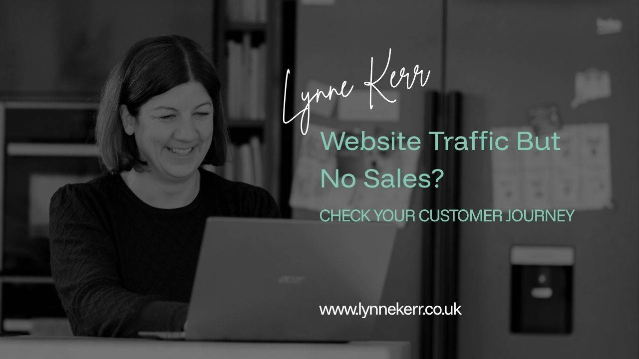 Lynne Kerr smiling as she works on a laptop, with the title “Website Traffic but No Sales? Check Your Customer Journey"