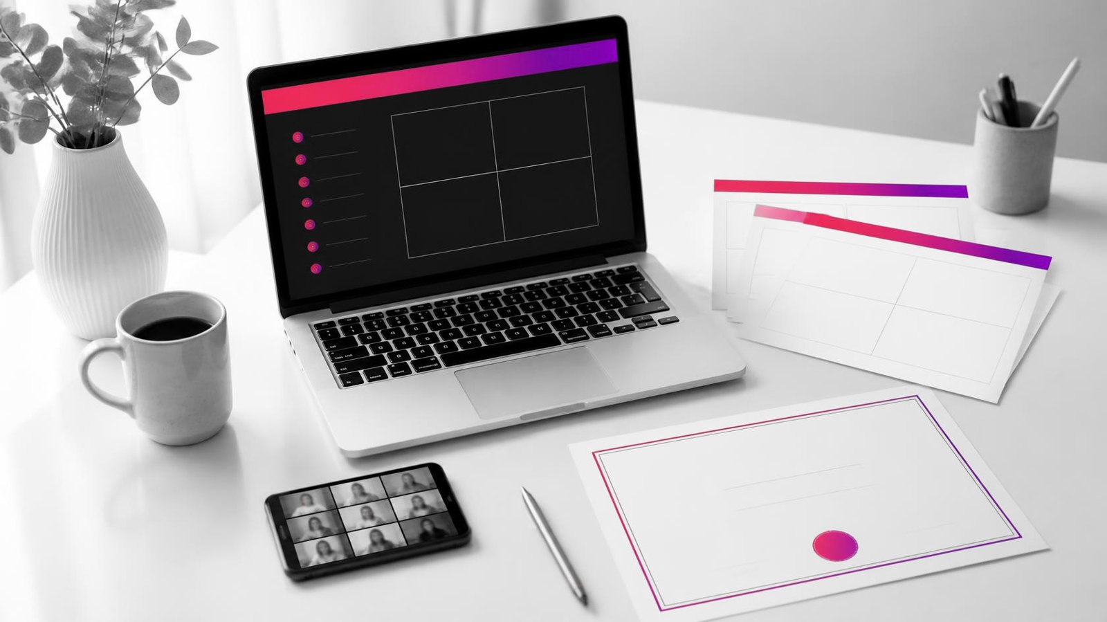 Aperçu du bootcamp : ordinateur avec la présentation, outils stratégiques imprimés, attestation de formation et sessions en ligne