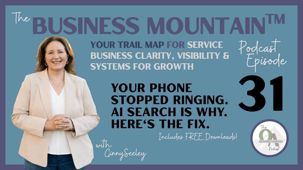 A woman in a cream colored blazer with her hands clasped and the Business Mountain Episode Description