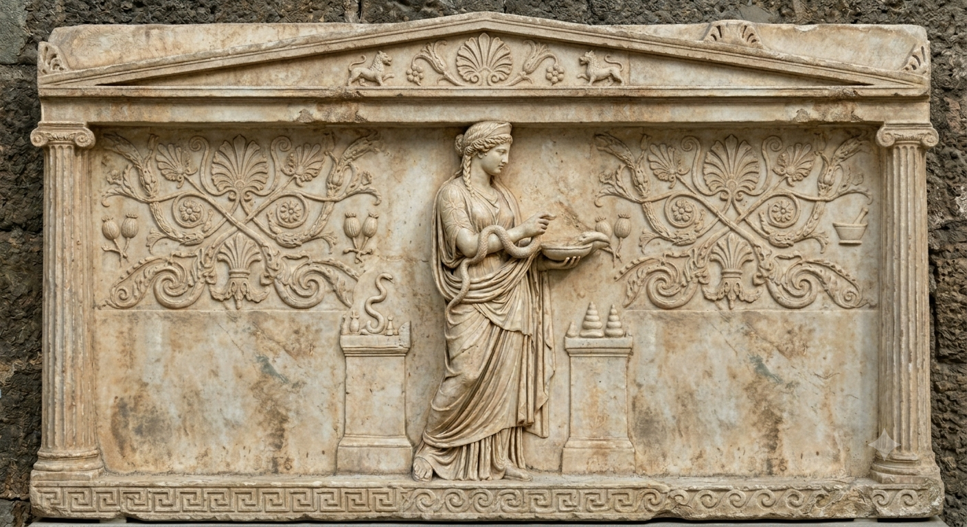 Ancient marble relief of Hygeia, Greek Goddess of health