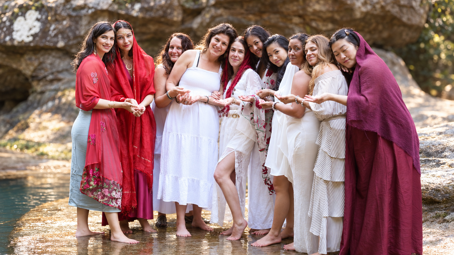 Women gathered by a sunlit creek during the Rose Priestess retreat in Southern France
