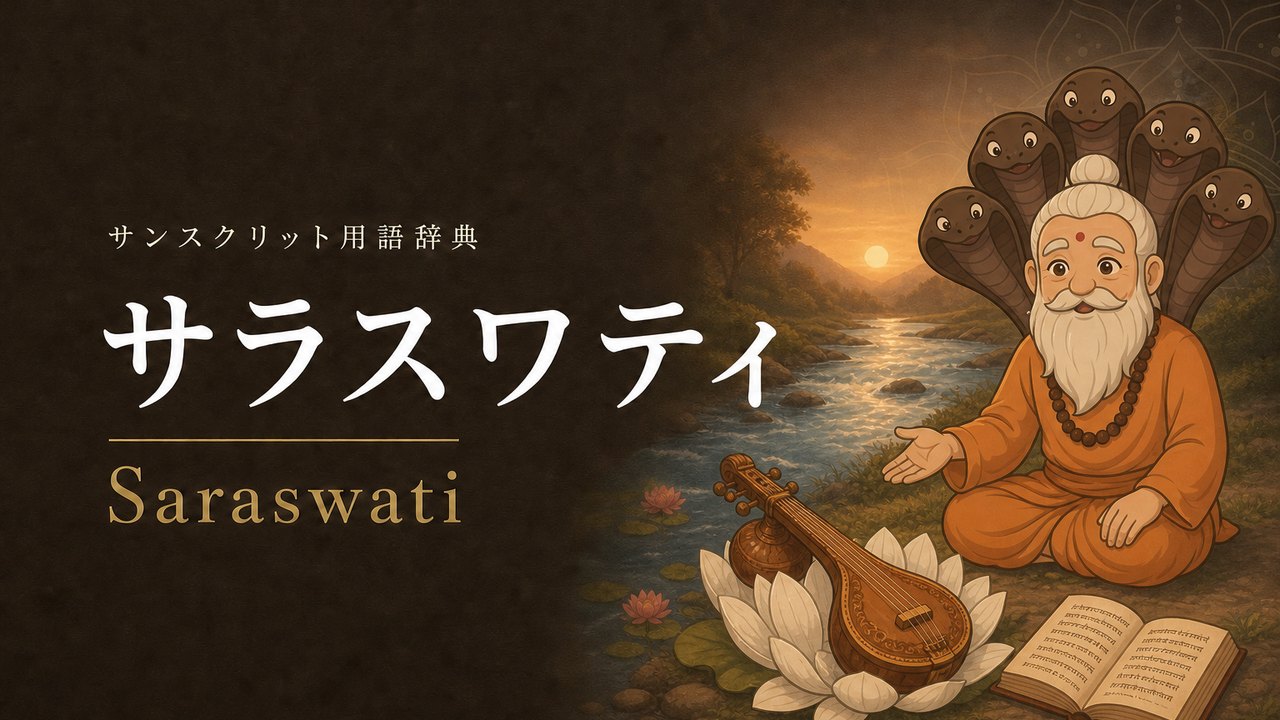 サラスワティ (Saraswati・流れを持つ者) の意味を表すイラスト (サンスクリット用語辞典)