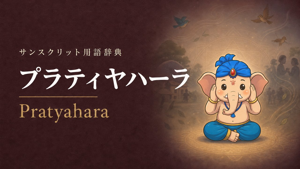 プラティヤハーラ (Pratyahara・感覚の引き込み) の意味を表すイラスト (サンスクリット用語辞典)