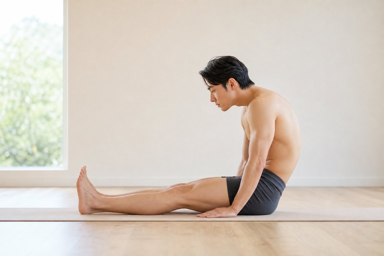 よくあるミスアライメント: 背中が丸まる・長座で座ること自体が苦しい (男性)