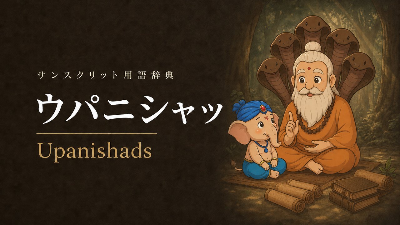 ウパニシャッド (Upanishads・師の足もとに近く座ること) の意味を表すイラスト (サンスクリット用語辞典)