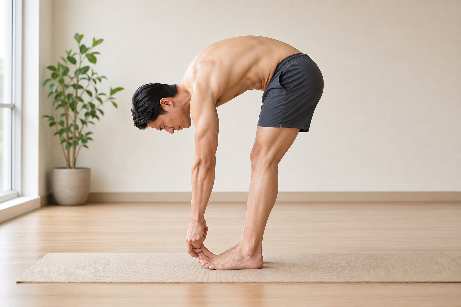 よくあるミスアライメント: 背中を丸めたまま、腕の力で強く引っ張っている (男性)