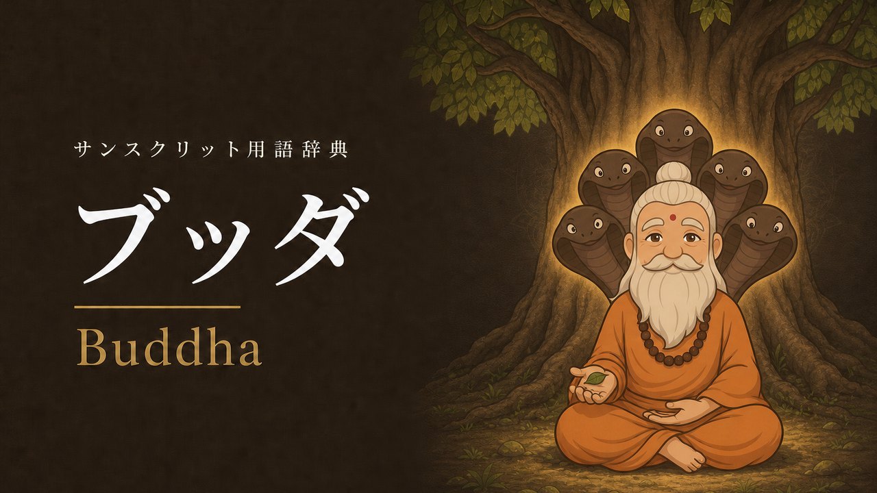 ブッダ (Buddha・目覚めた者) の意味を表すイラスト (サンスクリット用語辞典)