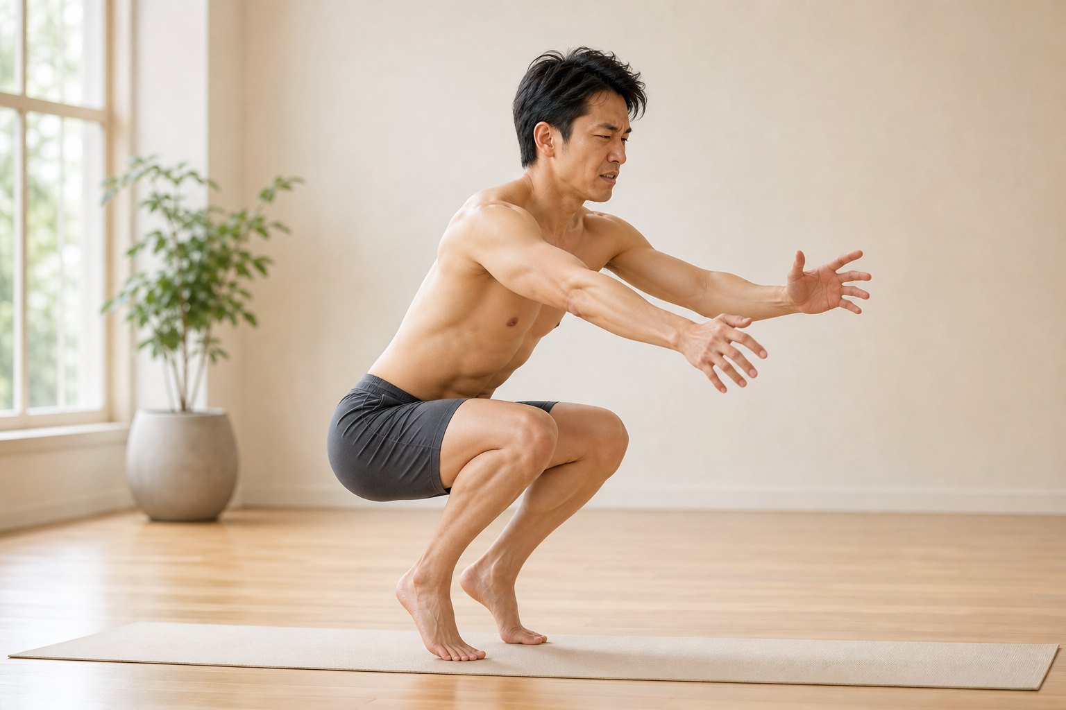 よくあるミスアライメント: しゃがむと、かかとが浮いてしまう (男性)