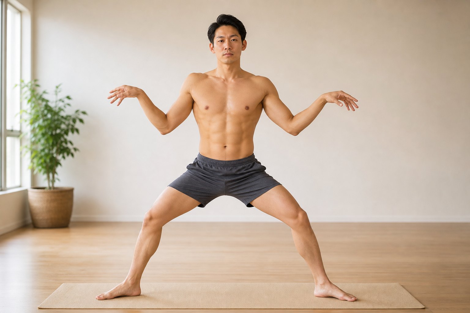 よくあるミスアライメント: しゃがんでも股関節が開かず、膝が前を向いてしまう (男性)