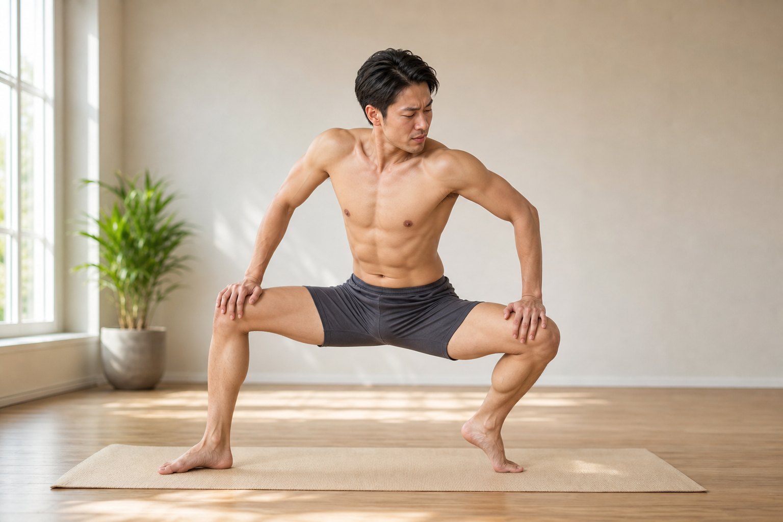 よくあるミスアライメント: ねじると膝が内側に倒れてくる (男性)