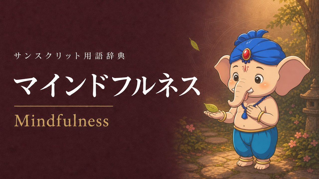 マインドフルネス (Mindfulness) の意味を表すイラスト (サンスクリット用語辞典)