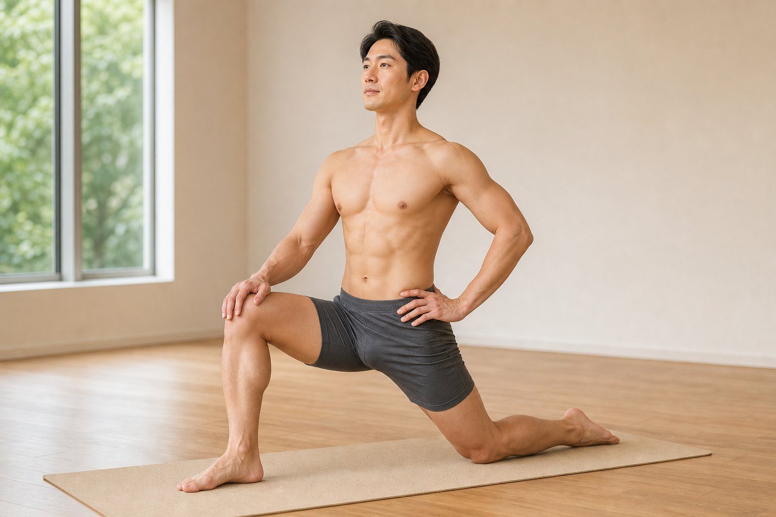 乗馬のポーズ (アシュワ・サンチャラナーサナ) の完成形 (男性)