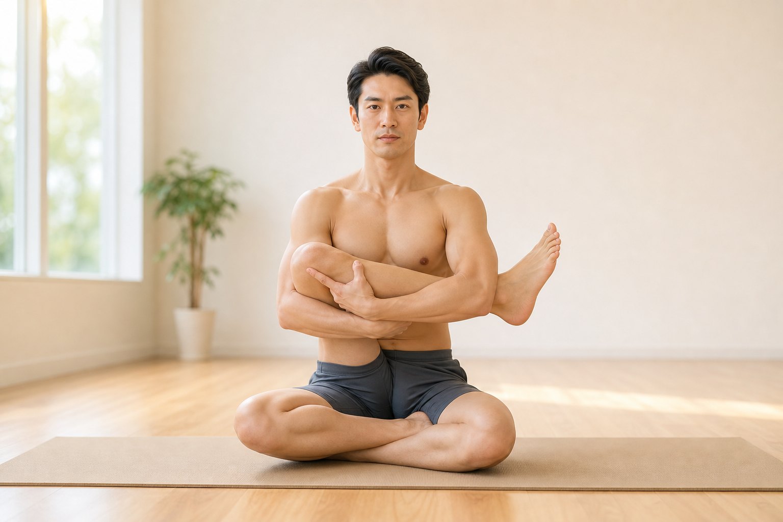 ゆりかごのポーズ (ヒンドラーサナ) の完成形 (男性)