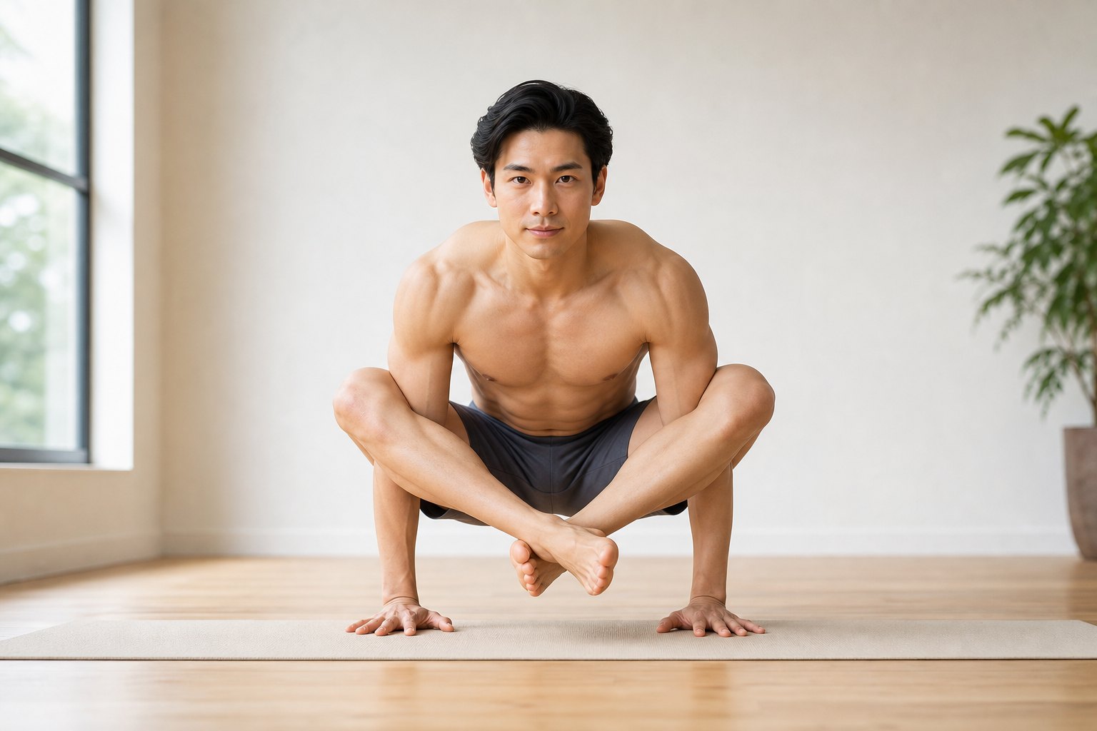 両足を腕 (肩) にかけるポーズ (ドゥイ・ハスタ・ブジャーサナ) の完成形 (男性)