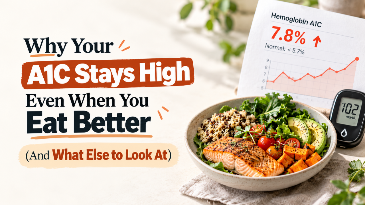 Healthy meal bowl with salmon and avocado next to a Hemoglobin A1C lab report showing 7.8% and a glucose monitor, for the post Why Your A1C Stays High Even When You Eat Better