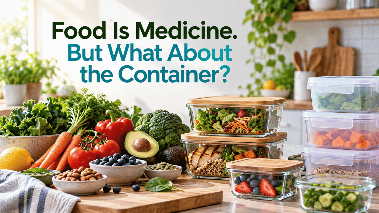 Food stored in plastic containers highlighting concerns about PFAS and chemicals from food packaging