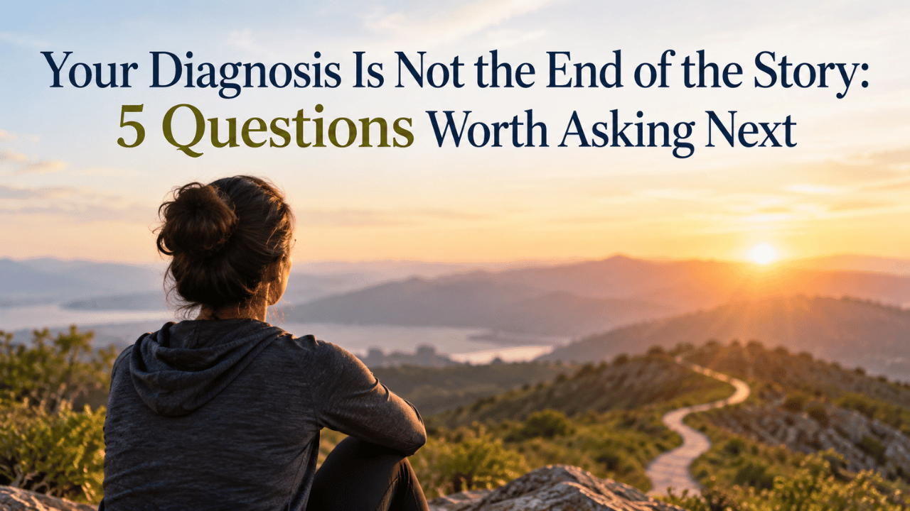 Woman overlooking a mountain sunrise with the title “Your Diagnosis Is Not the End of the Story: 5 Questions Worth Asking Next.