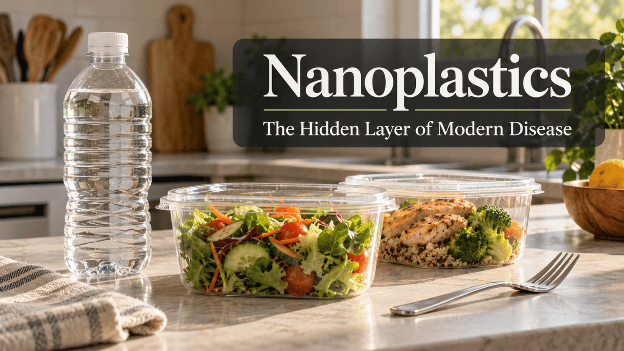 Graphic titled “Nanoplastics: The Hidden Layer of Modern Disease,” featuring a plastic water bottle and plastic food containers filled with salad and prepared food on a kitchen counter.