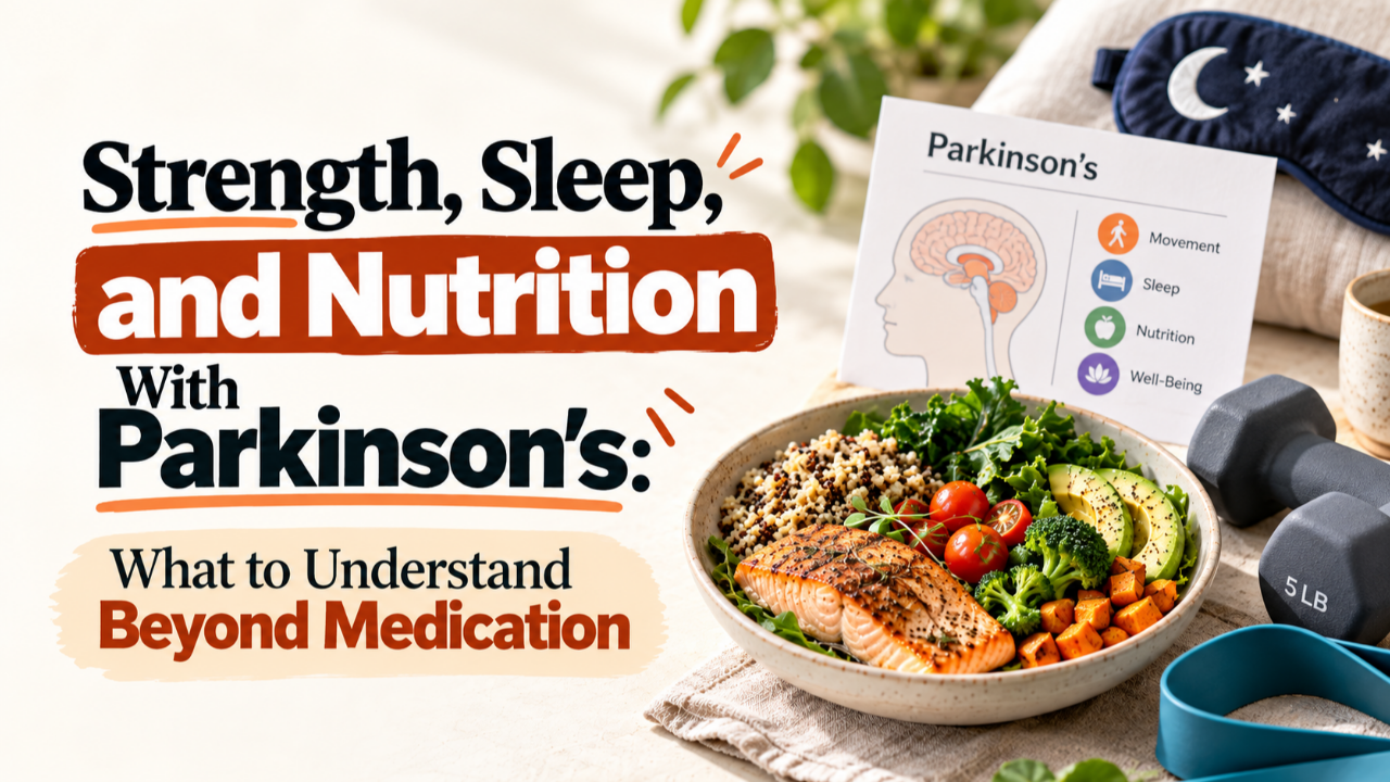 Graphic title Strength, Sleep, and Nutrition With Parkinson's: What to Understand Beyond Medication beside a salmon and quinoa bowl, 5 lb dumbbells, a sleep mask, and a card listing Movement, Sleep, Nutrition, and Well-Being.