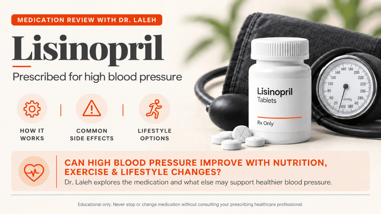 Educational graphic for a Lisinopril medication review with Dr. Laleh, featuring a pill bottle and blood pressure cuff, covering how it works, side effects, and lifestyle factors that may influence blood pressure.
