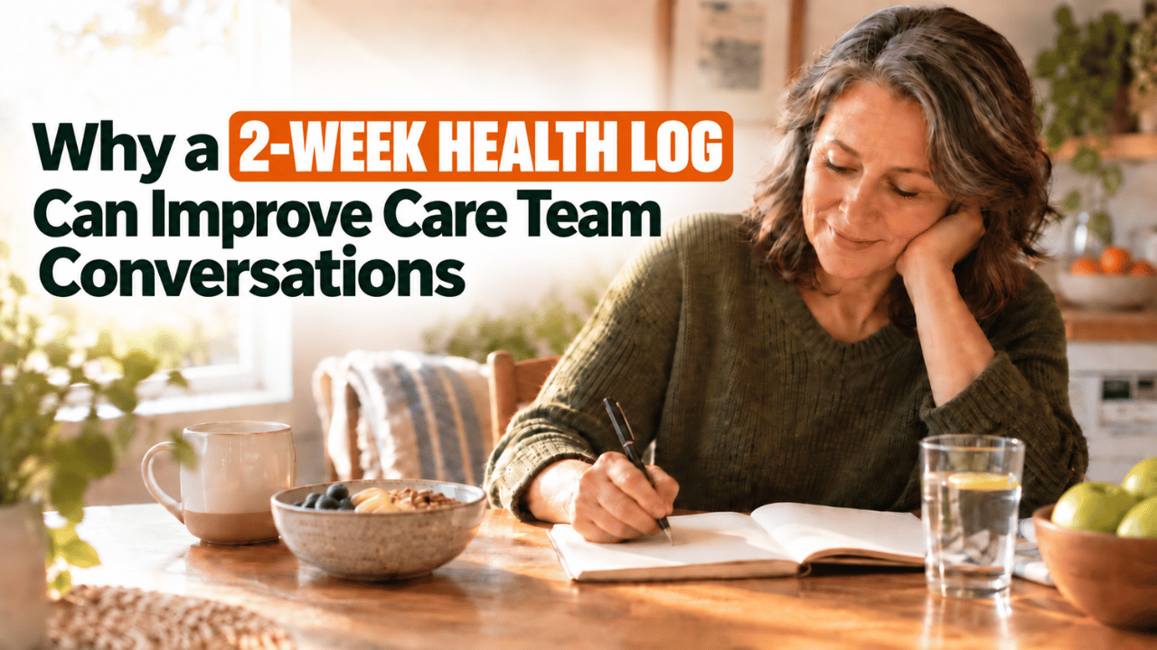 Woman writing in a notebook at a sunlit kitchen table with breakfast, for a blog about keeping a two-week health log.