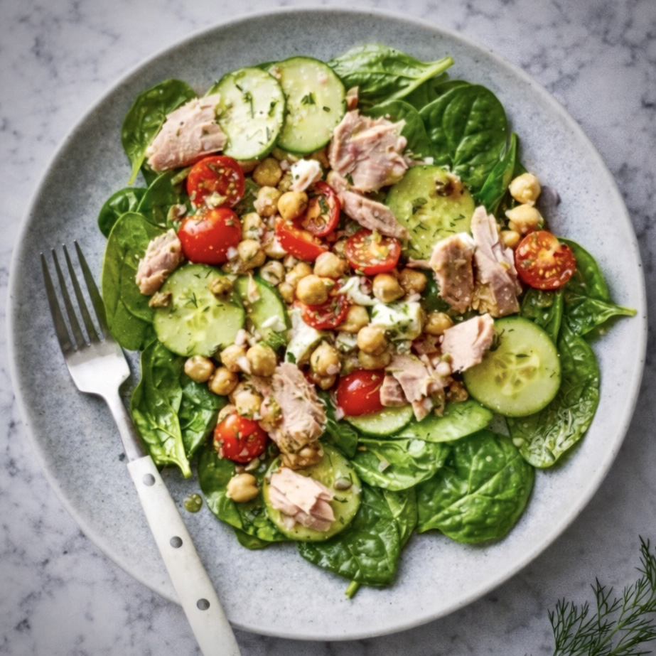 Tonfisksallad med kikärtor, kapris och dill